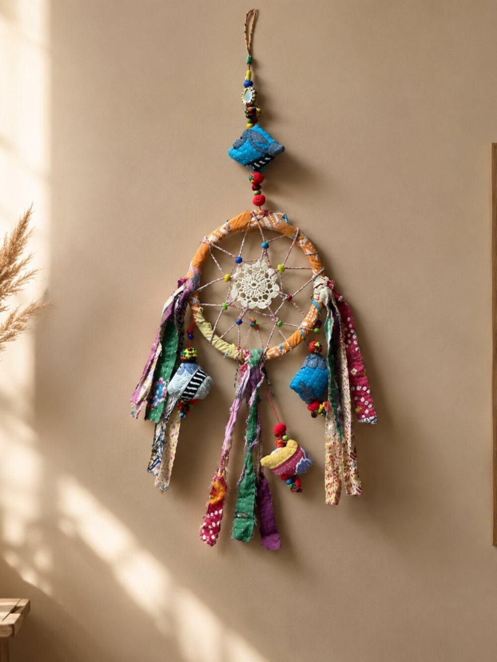 Boho Dreamcatcher Wall Hanging Kantha Sari Fabric Beads Pom Poms 29 in Shop NOS